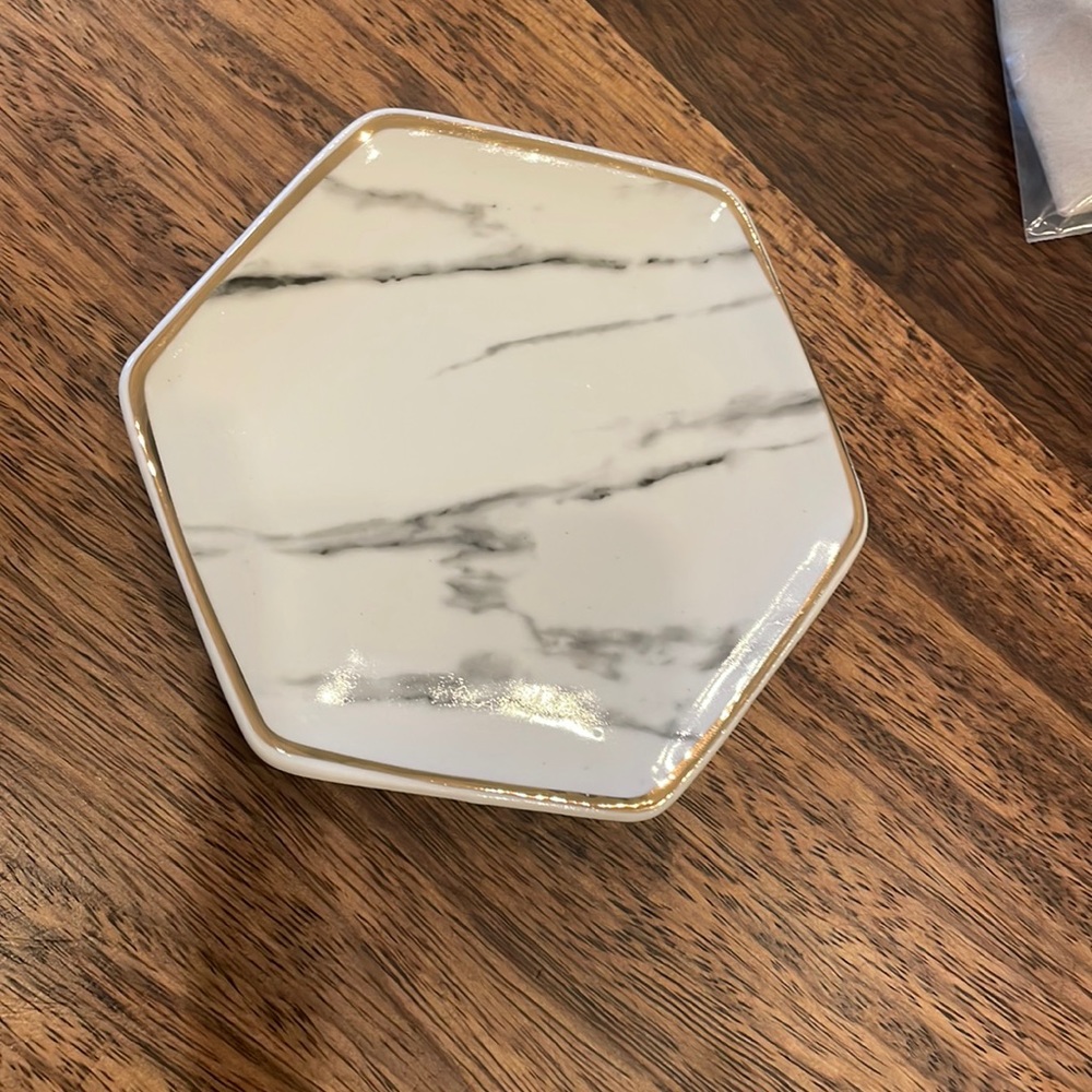 New Jewelry plate ceramic marble look with gold accent.